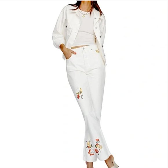 Reformation Cynthia High Rise Straight Floral Embroidered Jeans - Picture 2 of 6